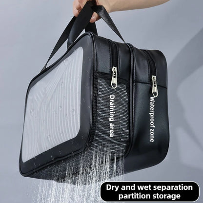 Double-Compartment Transparent PU Bag – Travel, Gym & Cosmetic Organizer