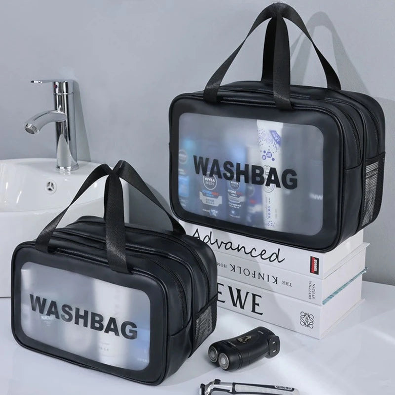 Double-Compartment Transparent PU Bag – Travel, Gym & Cosmetic Organizer