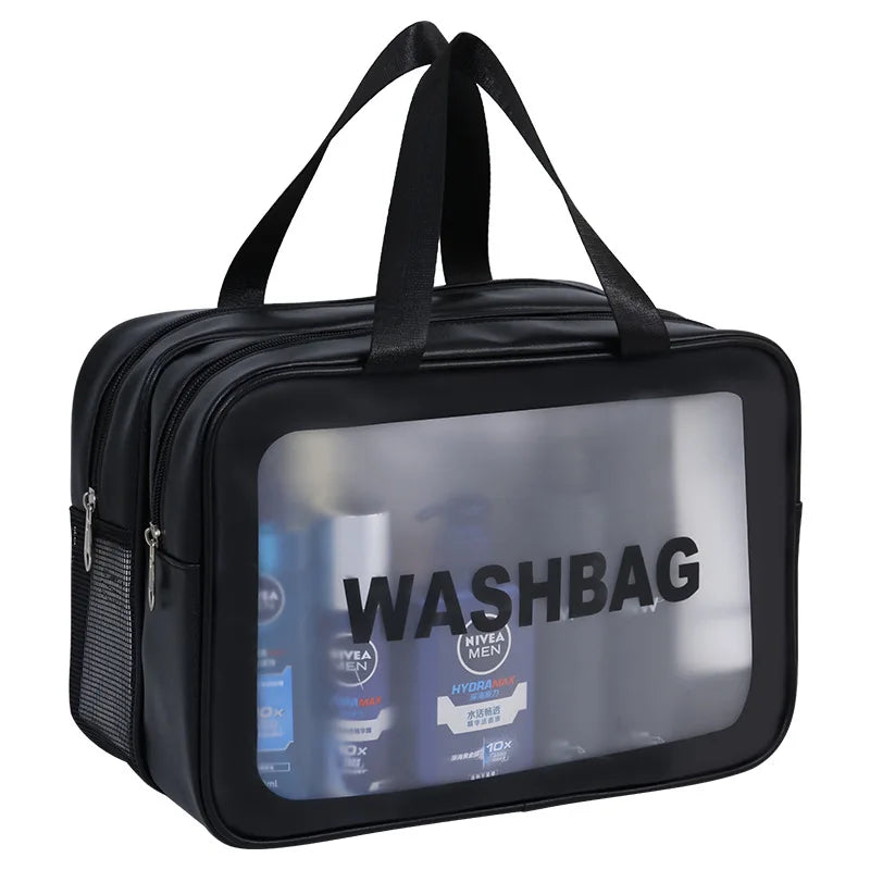 Double-Compartment Transparent PU Bag – Travel, Gym & Cosmetic Organizer