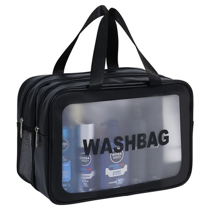 Double-Compartment Transparent PU Bag – Travel, Gym & Cosmetic Organizer